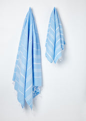 Hanging Large and Small Sorbet Hammam Towel in Blue Skies