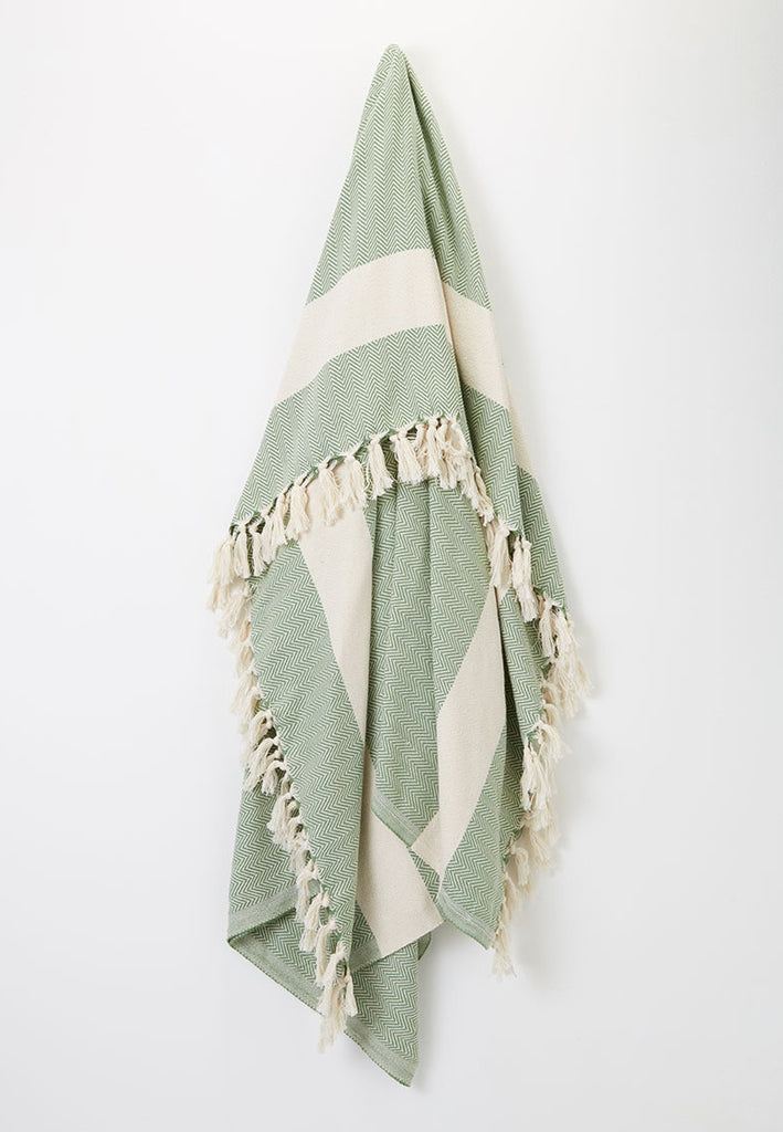 thumbnail interactive-video image 1 of Emma Barclay Cotton Herringbone Throw – Pistachio Green With Tassels, 50x60, Sofa/Bed Blanket 1 of 3