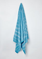 blue hammam towel with white fringe